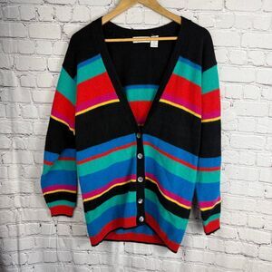 Vintage Liz Claiborne Wool Angora Colorful Striped Cardigan M Oversized  K
